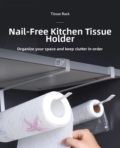 White under-cabinet kitchen paper towel and cling film rack with hanging hooks