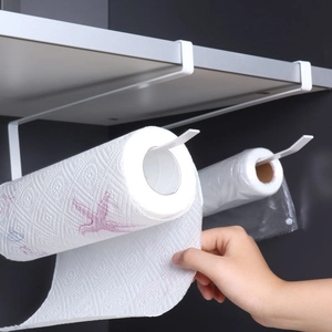 Kitchen Paper Towel Holder Under Cabinet Hanging Rack Painted Metal No Drilling For Plastic Wrap Towel Storage Minimalist