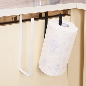 Under cabinet paper towel holder in black and white metal for kitchen organization