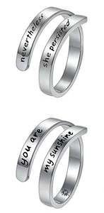Detail of double-layer stainless steel ring with nevertheless she persisted engraving