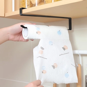 Under-cabinet black metal kitchen paper towel holder with drill-free hanging design