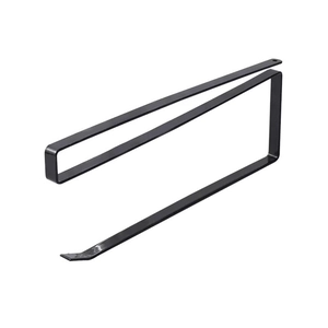 Matte black stainless steel paper towel holder with minimalist U-shaped design for kitchen