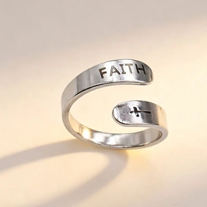 Vintage stainless steel open ring featuring engraved Faith word and a cross symbol