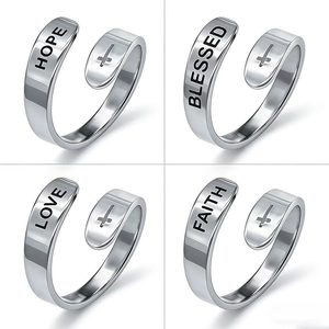 Polished stainless steel open rings with inspirational words HOPE BLESSED LOVE and FAITH