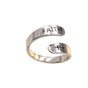Vintage silver stainless steel open ring with FAITH engraving and cross symbol