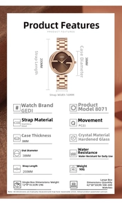 Tableau de spécifications pour montre en acier 38mm avec épaisseur de boîtier de 9mm