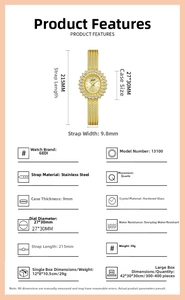 Detailed specs of the sunflower quartz watch with gold metal band and crystal bezel