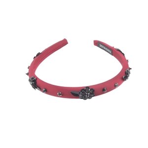 Elegant red fabric headband with black 3D sequin flowers and faceted crystal beads
