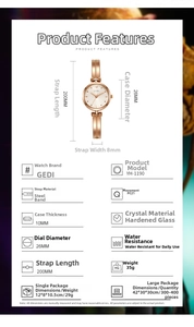 Tableau des tailles détaillé de la montre à quartz rose doré indiquant les dimensions