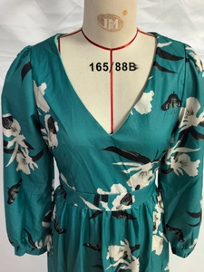 Détail de la robe à manches longues col en V avec imprimé floral et papillon bleu sarcelle