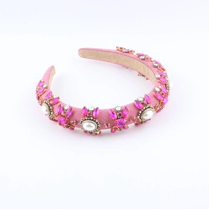 Pink luxury sponge headband with oversized pearls and magenta crystal flower embellishments