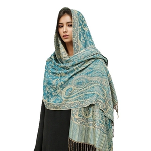 Ethnic paisley cashmere feel shawl scarf in lake blue with tassels for women
