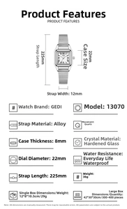 Detailed product specifications for vintage quartz square watch with dimensions and weight