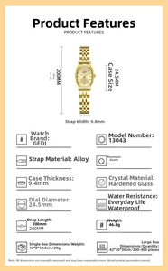 Detail view of oval gold watch dimensions and technical quartz movement specifications