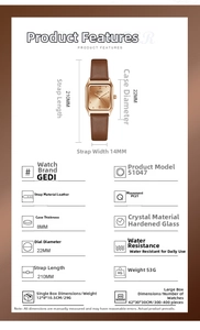 Detailed specs of the square rose gold watch with brown leather strap dimensions