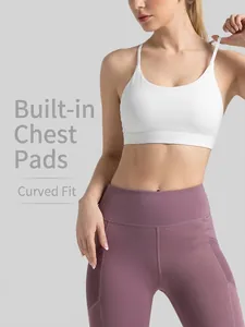Damen High Stretch Halterneck Sport BH Integrierte Polsterung Yoga Fitness Workout Tank Top Crisscross Rückenfreies Top