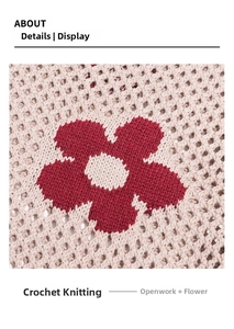 Detail der beigen Häkeltasche mit hohlem Maschendesign und roter Blumenstickerei