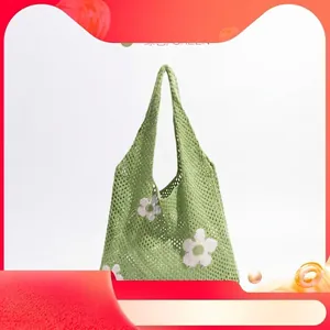 Hollow Out Crochet Knit Tote Bag For Women Summer Beach Mesh Shoulder Handbag With Floral Pattern Casual Handmade Style