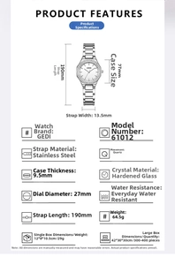 Technical specifications of the GEDI women's steel quartz watch showing 27mm dial dimensions