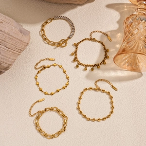 Five styles of 18k gold plated stainless steel bracelets set on a minimalist background