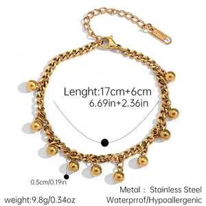 Detail of 18k gold plated stainless steel Cuban chain bracelet with 5mm polished beads