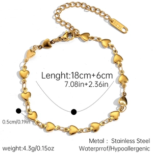 Detail of 18k gold plated heart chain bracelet with dimensions and lobster clasp info