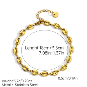 Detail of 18k gold coffee bean link bracelet with adjustable chain and pendant