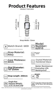 Detailed size specifications for GEDI silver rectangular quartz watch with dimensions