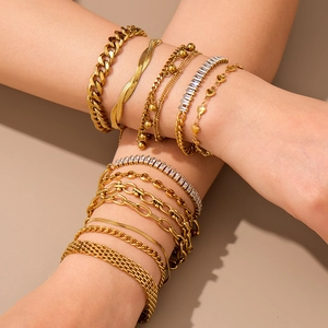 18K Gold Plated Stainless Steel Bracelet For Women Waterproof Hypoallergenic Cuban Link Snake Chain Zircon Inlaid Jewelry