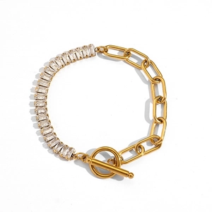 18k gold plated titanium steel bracelet with rectangular crystals and OT clasp