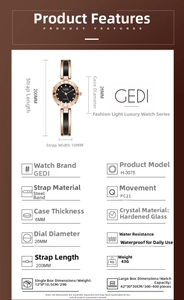 Size specifications chart for retro alloy bracelet quartz watch with dimensions
