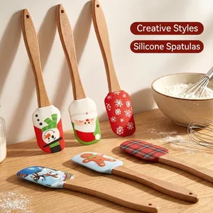 Christmas Silicone Spatula With Wood Handle Heat Resistant Flexible Cream Butter Mixing Tool For Holiday Baking