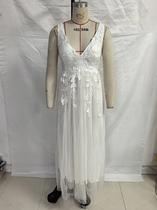 Exquisite floral lace embroidery details on a white V-neck sleeveless bridal maxi dress