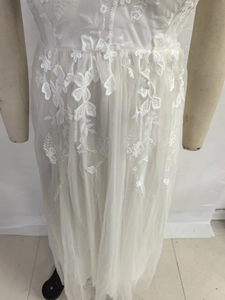 Detail view of intricate floral lace embroidery and sheer tulle layers on a white dress