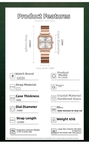 Spécifications de taille pour la montre à quartz carrée en acier inoxydable rose doré
