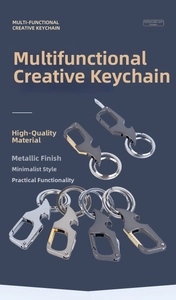 Detail of multifunctional metal keychain showing bottle opener and screwdriver features