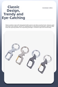 Macro shot of multifunctional metal keychain showing bottle opener and carabiner clips