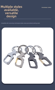 Close-up of multifunctional metal keychains with integrated bottle opener in four finishes