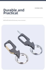 Macro detail of multi-functional gunmetal keychain with bottle opener and tool features