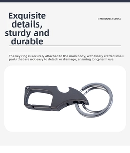 Close-up of gunmetal multi-functional keychain with integrated bottle opener and carabiner
