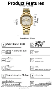 Detailed spec chart of a luxury gold steel watch with 39mm case and multi-function dial