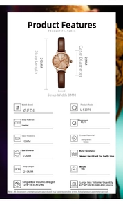 Detailed dimension chart for GEDI small round face women's watch with brown leather strap