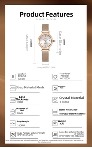 Detail view of rose gold women's watch featuring a crystal bezel and mesh strap dimensions