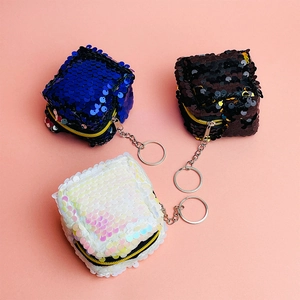 Mini Cube Sequin Coin Purse Reversible Shiny Small Zipper Wallet With Keychain For Kids Girls Party Favor Bag Charm
