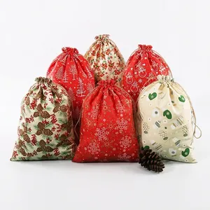 Christmas Gift Bags Linen Burlap Drawstring Pouch Metallic Print Reindeer Star Heart Festive Party Favor Storage