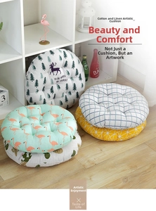 Close-up of stacked round seat cushions with diverse Nordic floral and animal prints