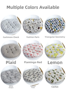 Detailed grid of nine round chair cushions featuring various modern geometric and floral patterns