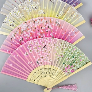 Classical Folding Fan Satin Fabric Bamboo Bone With Tassel Handheld Decorative Ancient Chinese Style For Women Dance Gift
