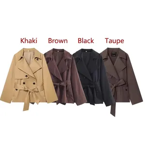 Women Short Trench Coat Double Breasted Belted Waist Lapel Long Sleeve Polyester Solid Color Fashion Chic Outerwear