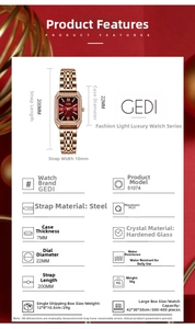 Detailed technical specs of the square rose gold watch with red dial and stone bezel